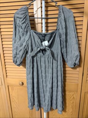 Forever 21 Gray Puff-Sleeve Tie-Front Mini Dress